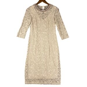 London‎ Times Petites 8P Tan Lace Beaded Neck Pencil Midi Dress Wedding Guest